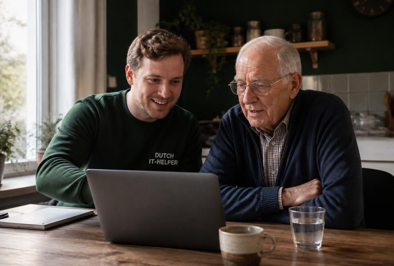 Onze helper legt aan de keukentafel iets uit op de laptop van een oudere meneer