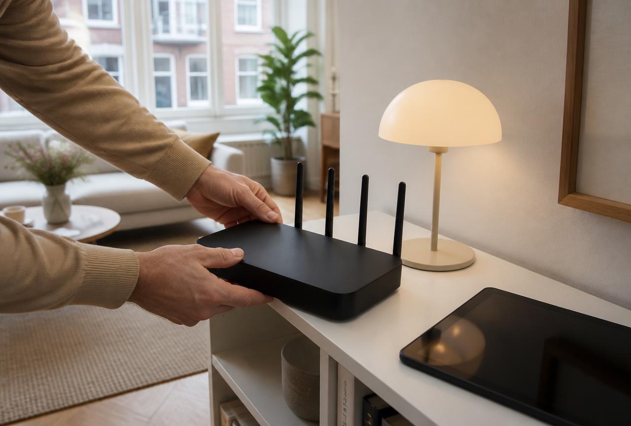 Een wifi-router wordt netjes geplaatst in de woonkamer