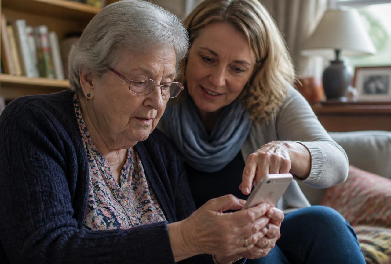 Een oudere dame krijgt rustig uitleg over haar smartphone